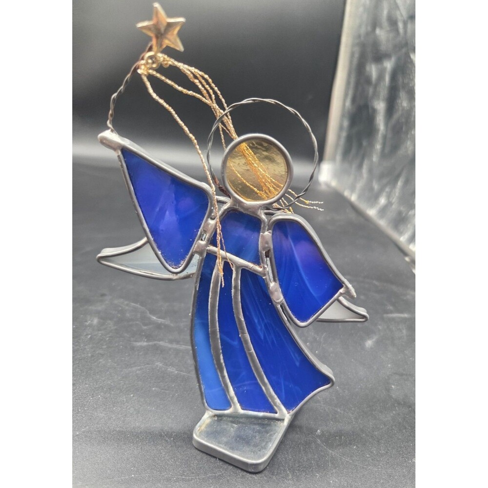 Handmade Stained Glass Angel with Star Blue Body 6" Tall